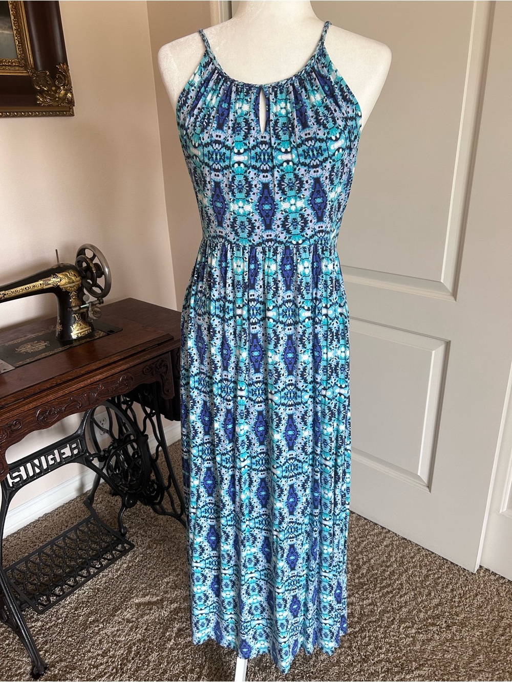 Women's Blue Patterned Halter Maxi Dress